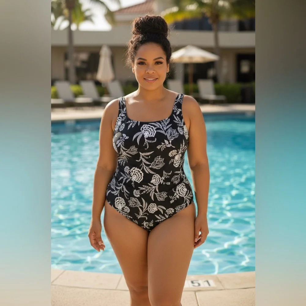 Lands’ End Black White Floral One Piece Swimsuit 26W Square Neck Plus